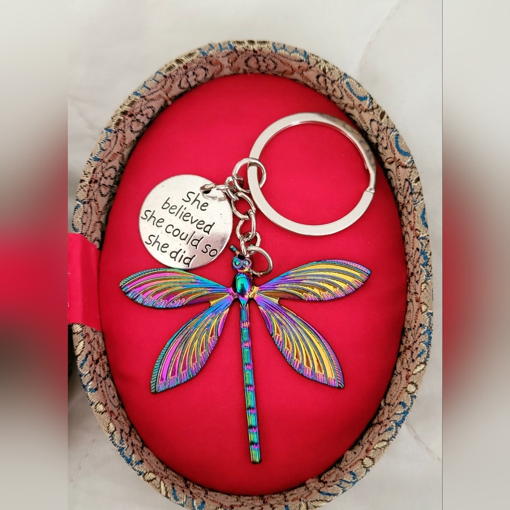 Colorful Dragonfly Keychain with Inspirational Charm